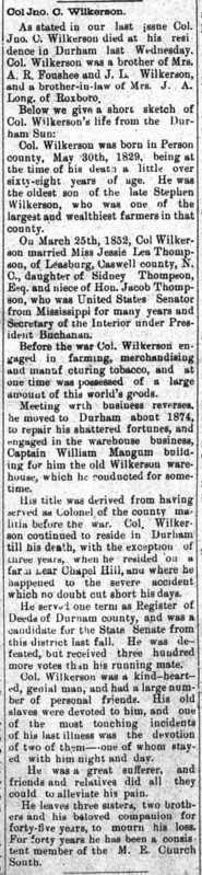 John C. Wilkerson Death, The Roxboro Courier (Roxboro, NC), 11 August 1897