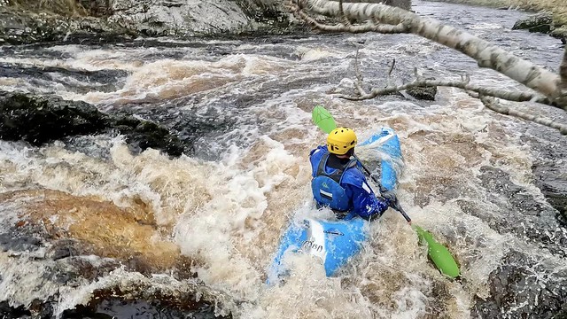 I have just descended the bottom rapid of  Dirlot Gorge, Thurso River. Photo by Hannah Tait.