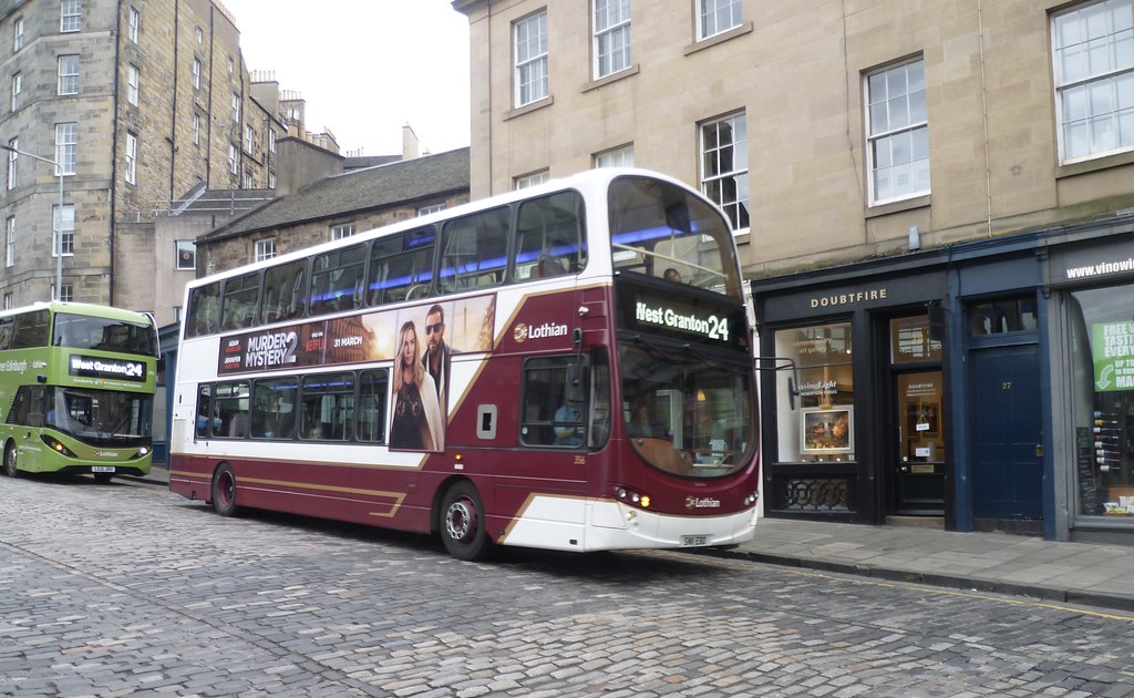 Lothian 356 and 293 bunched up at Stockbridge, Edinburgh.