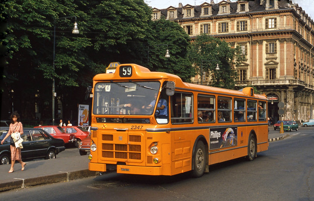 I.D.s 1322 & 12354 photographed by John Ward on 1982-06-03 of Fiat 421AL Diesel bus 61721-TO (2347) in a street in the City of Torino, (Turin) Italy.