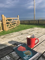 A book and cup of tea with a view of the Scottish highlands