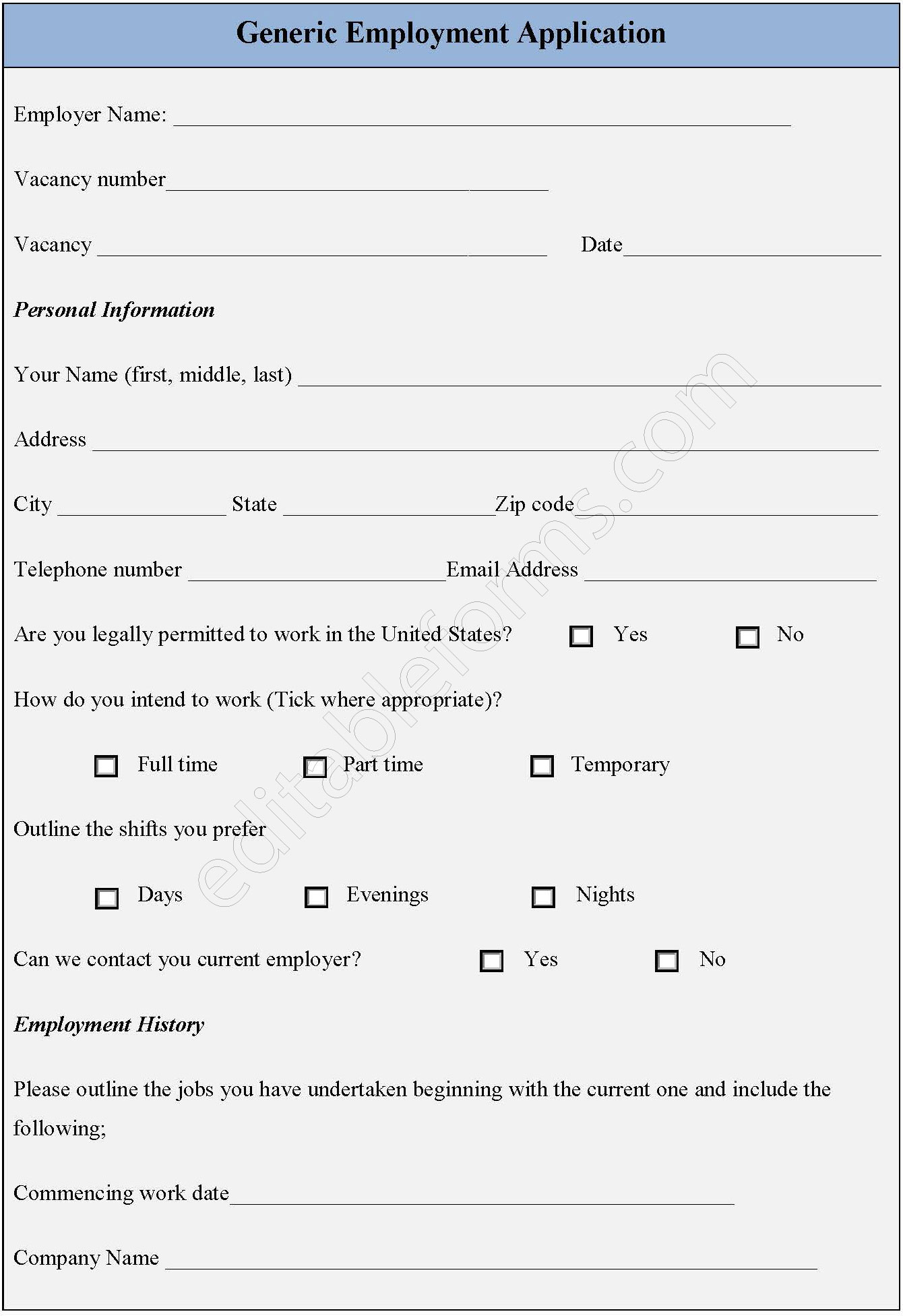 Generic Employment Application Form
