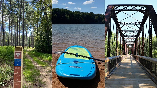 Photo collage of Staunton River trailhead with tall pines in background, a standup paddleboard at the shores of Buggs Island Lake at Occoneechee State Park, and a view of the Staunton River Battlefield Bridge while standing at the end