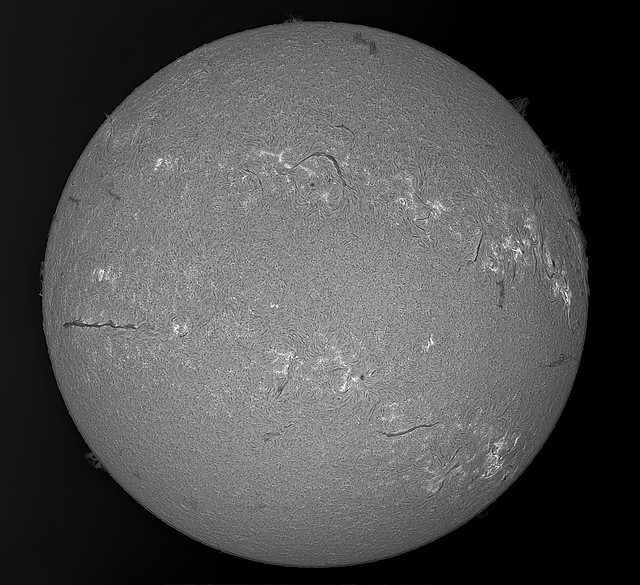 Sun in H-alpha 29 Mar 2023  PDT=10h23m41s ZWO ASI178MM Exposure=2.6ms Gain=100 LUNT LS60MT with LS50FHa-LS60FHa and pressure tuned LS60PHa TS Ps-BW