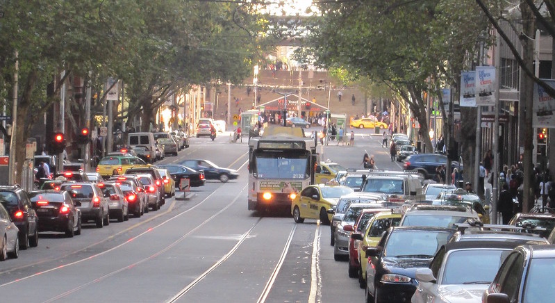 Tram blocked by a solitary taxi in Bourke Street (March 2013)