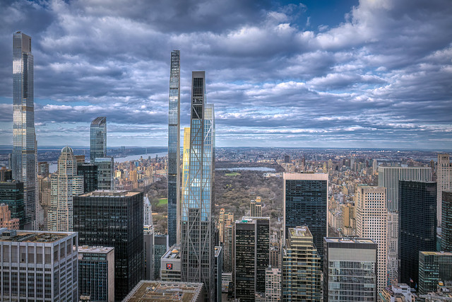 Late afternoon clouds over the view north of Central Park from the Top of the Rock Observatory on the 70th floor of 30 Rockefeller Center, Manhattan, New York City
