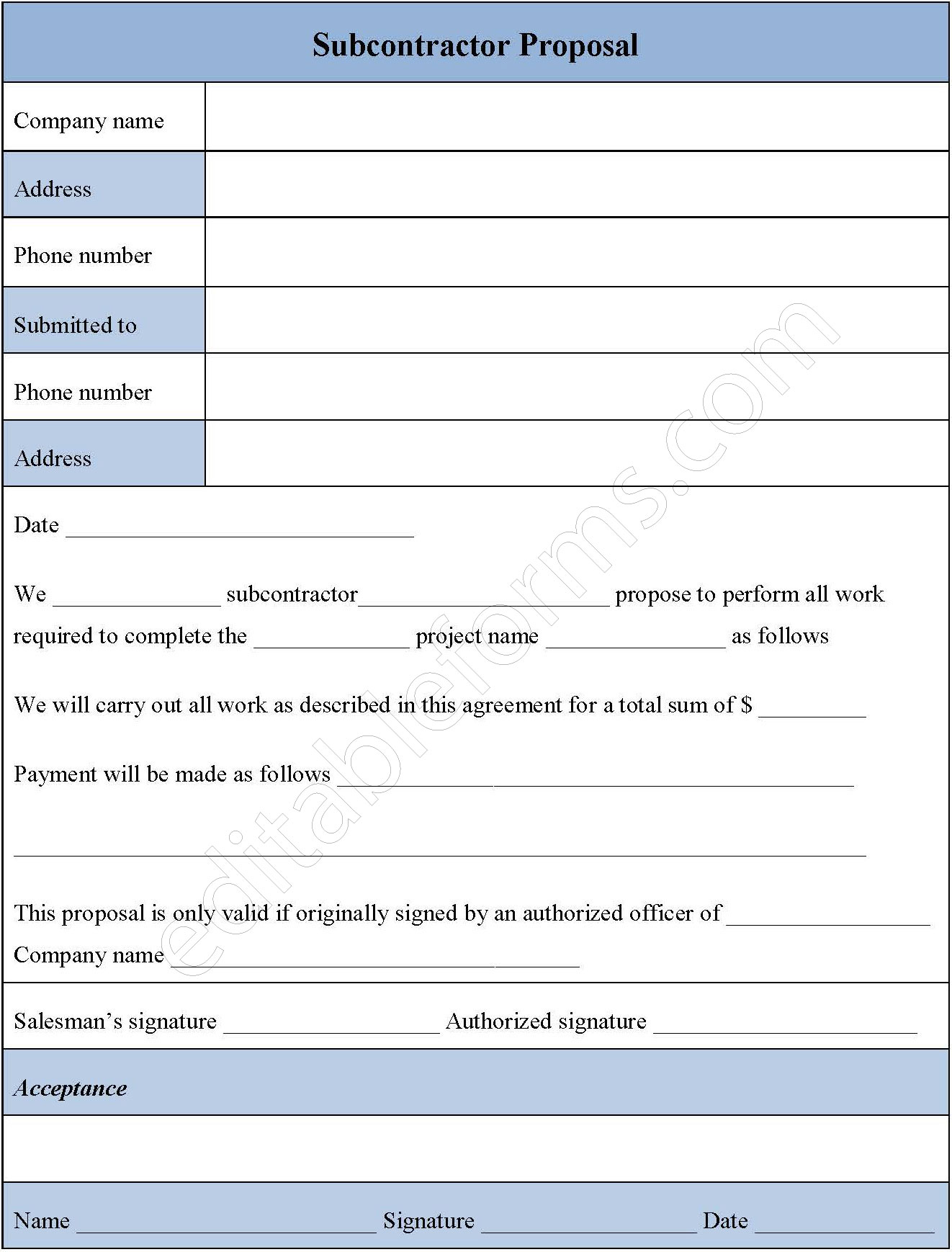 Subcontractor Proposal Form