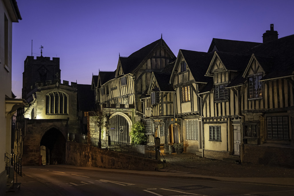 The town’s West Gate and Lord Leycester's Hospital, Warwick, Warwickshire, England