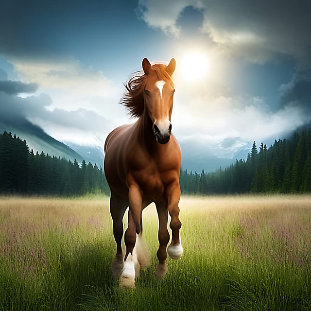 A horse galloping in a field.