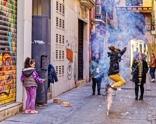 Jumping Over The Firecracker (Mascleta - El Carmen Neighbourhood in Valencia)  (Ricoh GR3x)