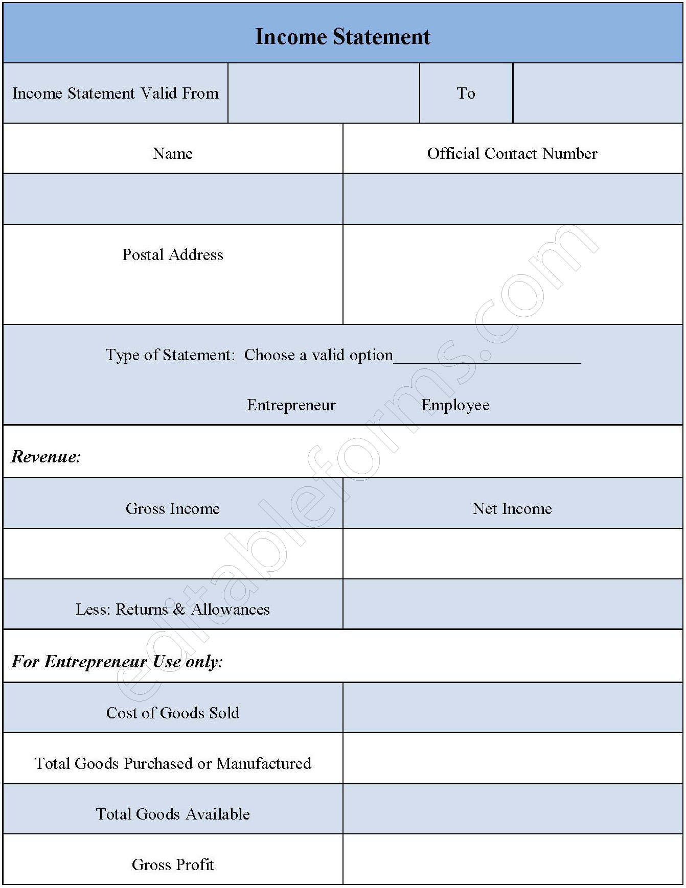 Income Statement Form