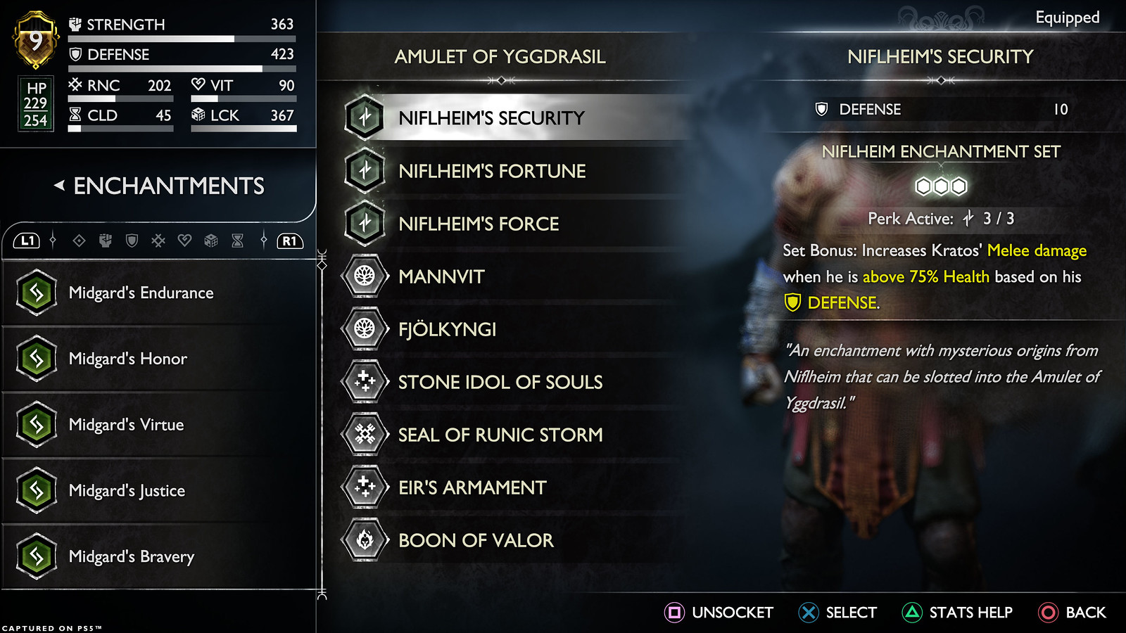 Image show the in-game Enchantments menu with the recommended Enchantments equipped in the Amulet of Yggdrasil. The selected Enchantment is one from the Niflheim set, showing the Set Bonus effect that increases Kratos’ Melee when he is above 75% of health based on Defense.  