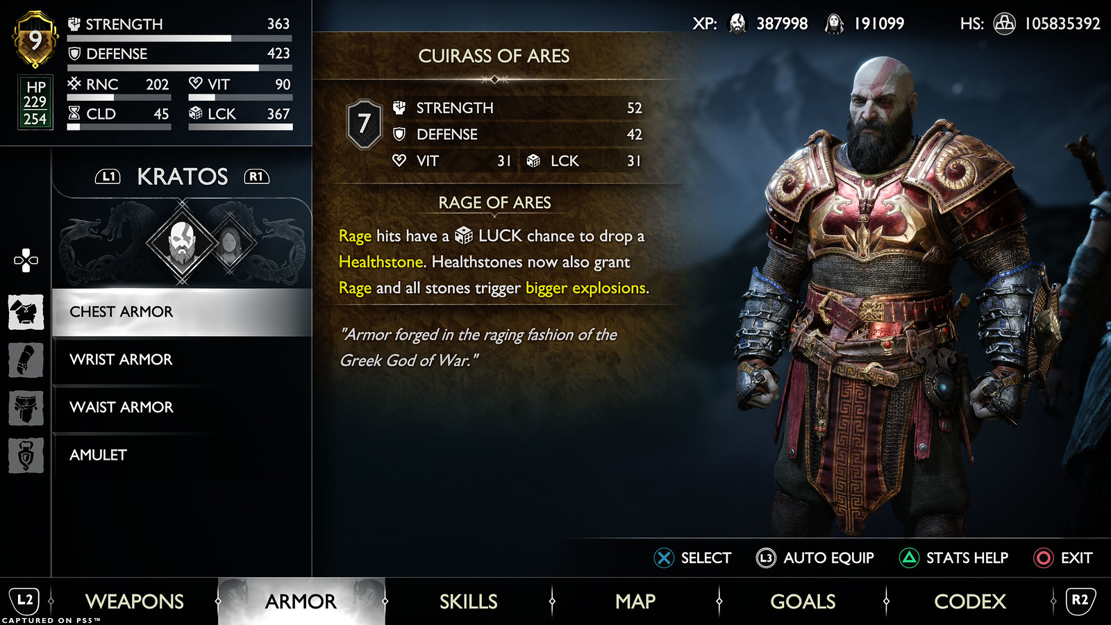 Image shows the in-game Armor menu with the recommended pieces from this build equipped. The selected piece is the chest armor, the Cuirass of Ares, from the new Ares Armor set exclusive to New Game Plus.  