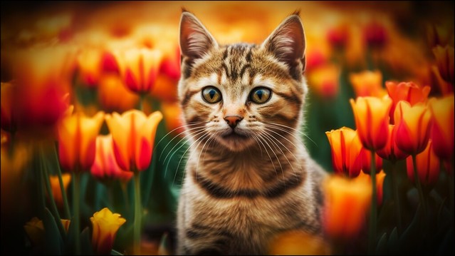 Kitten in the tulip field