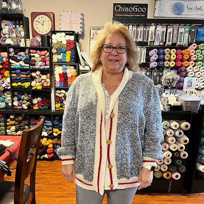Donna (Donna775) came in wearing this cardigan she knit using the Phrancko technique and Estelle Worsted.