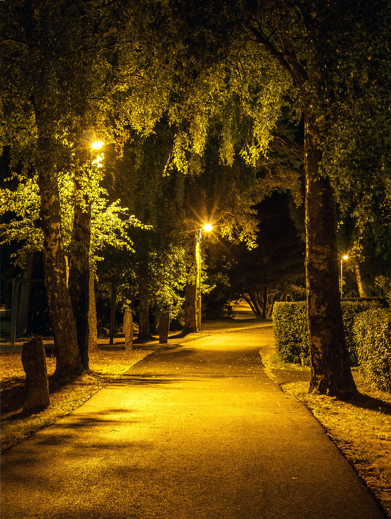 Street lights illuminating a footpath in Tuntorp