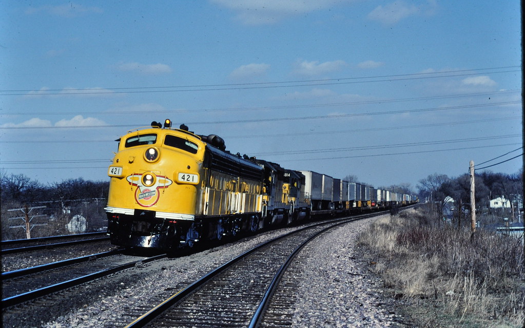 CNW F-units at Lombard IL April 1982