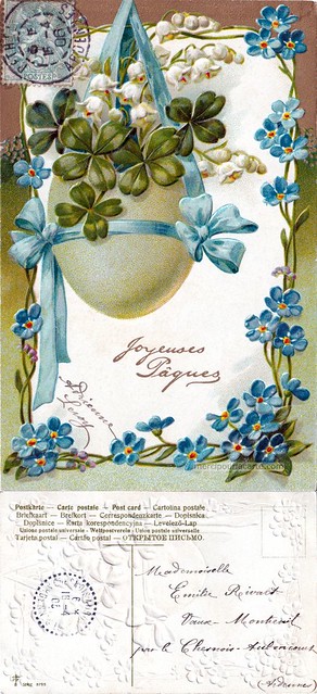 Joyeuses Pâques - Un gros œuf rempli de trèfles à quatre feuilles et de muguet, suspendu par un ruban bleu, frise de myosotis - 1906