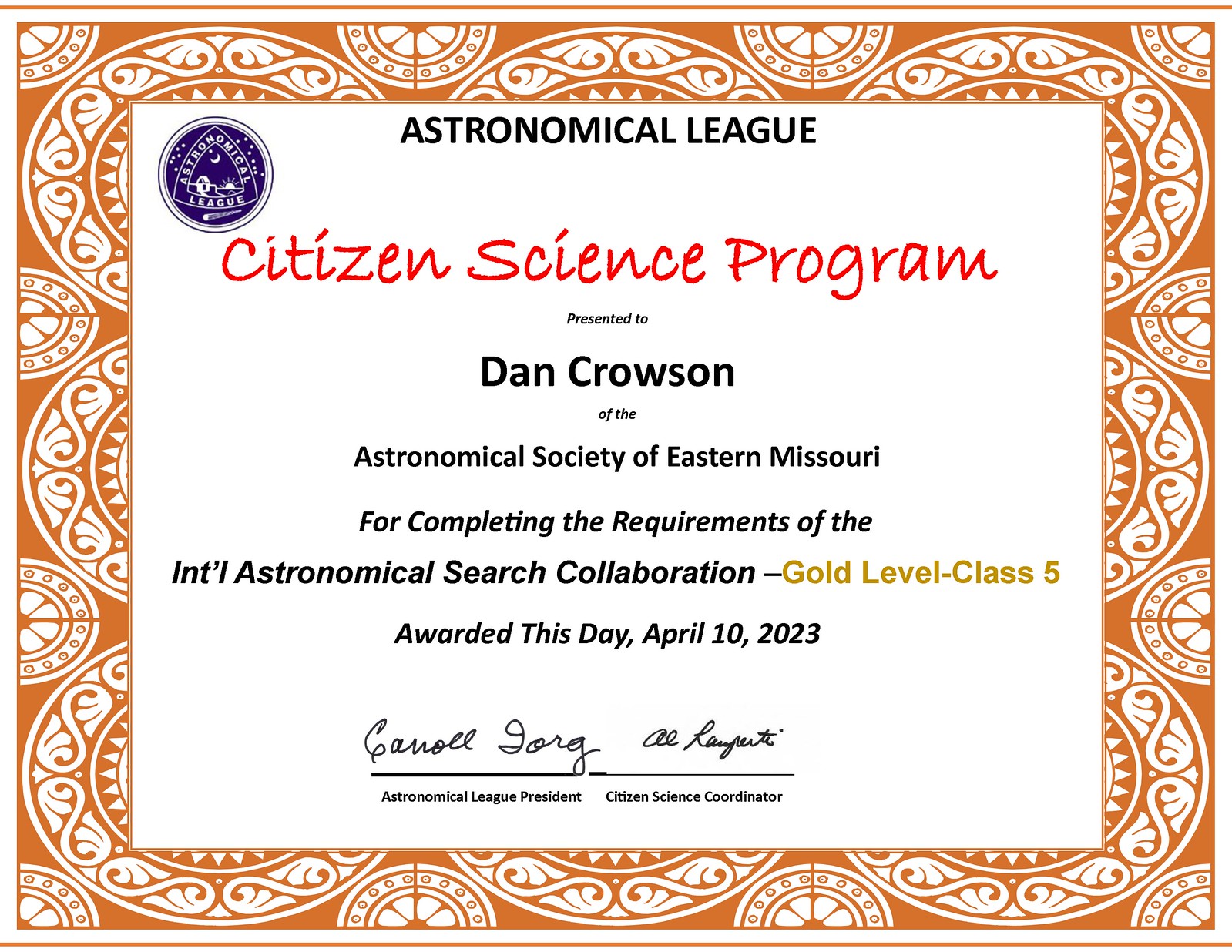 Dan Crowson - Astronomical League Citizen Science - Active_Gold_IASC_Class 5_Crowson