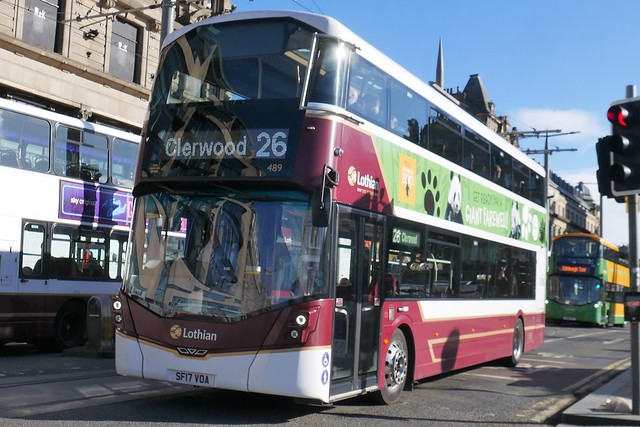Lothian Volvo B5TL Wright Eclipse Gemini 3 SF17VOA 489 operating 26 to Clerwood at Princes Street on 23 March 2023.
