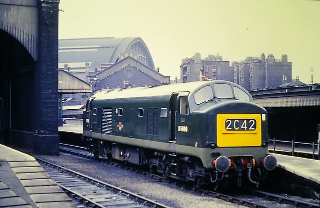 English Electric 'Baby Deltic' D5900 at King's Cross, with the train shed of St Pancras station in the background