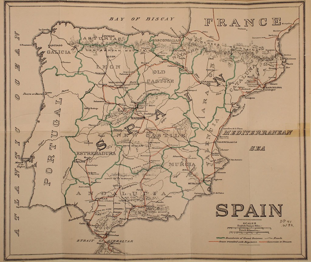 Mapa del recorrido por España de Fanny Workman y su marido en bicicleta  en 1895. Del libro Sketches awheel in modern Iberia by Workman, Fanny Bullock, 1859-1925