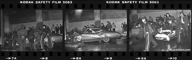 Passaic's finest rescue one of their own. Buick Skylark versus Erie Lackawanna Railroad concrete bridge support column.  Marietta Avenue & Main Avenue. Passaic, New Jersey USA. Photo by Jack Falat 1976