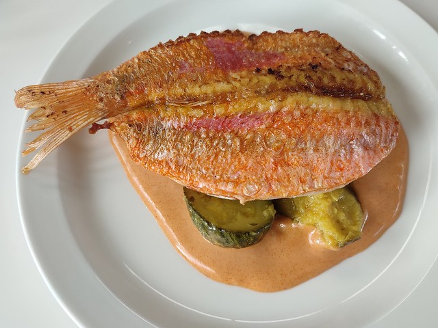 Red mullet, saffron courgettes and brown crab, at the Garden Café