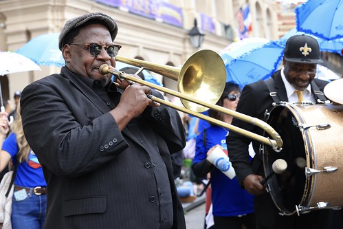 Mahogany Brass Band at the kickoff parade at French Quarter Fest - April 14, 2023. Photo by Michele Goldfarb.