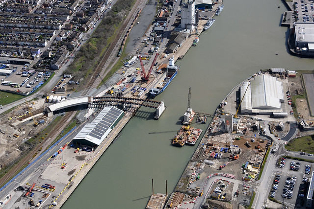 Construction of the new Gull Wing Bridge across Lake Lothing in Lowestoft - aerial image