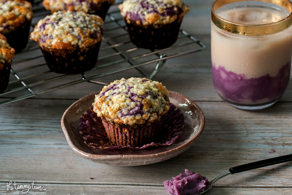 Ube Muffins with Cheese Crumble Topping and Ube Milk Tea in the background
