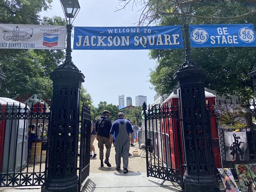 Welcome to Jackson Square sign at French Quarter Fest - April 16, 2023. Photo by Carrie Booher.