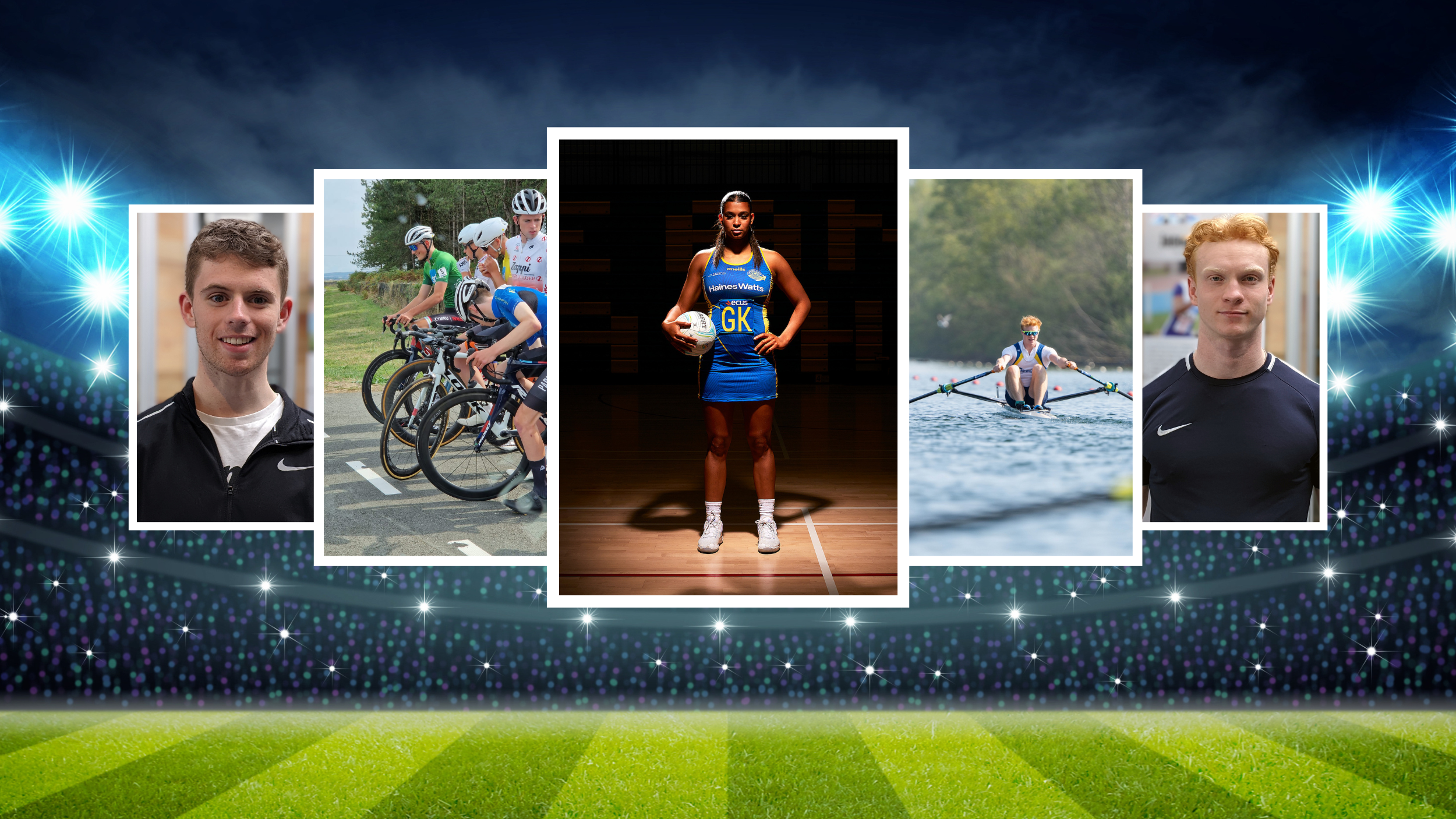 Collage of photos of a netball player, rower and road cyclist