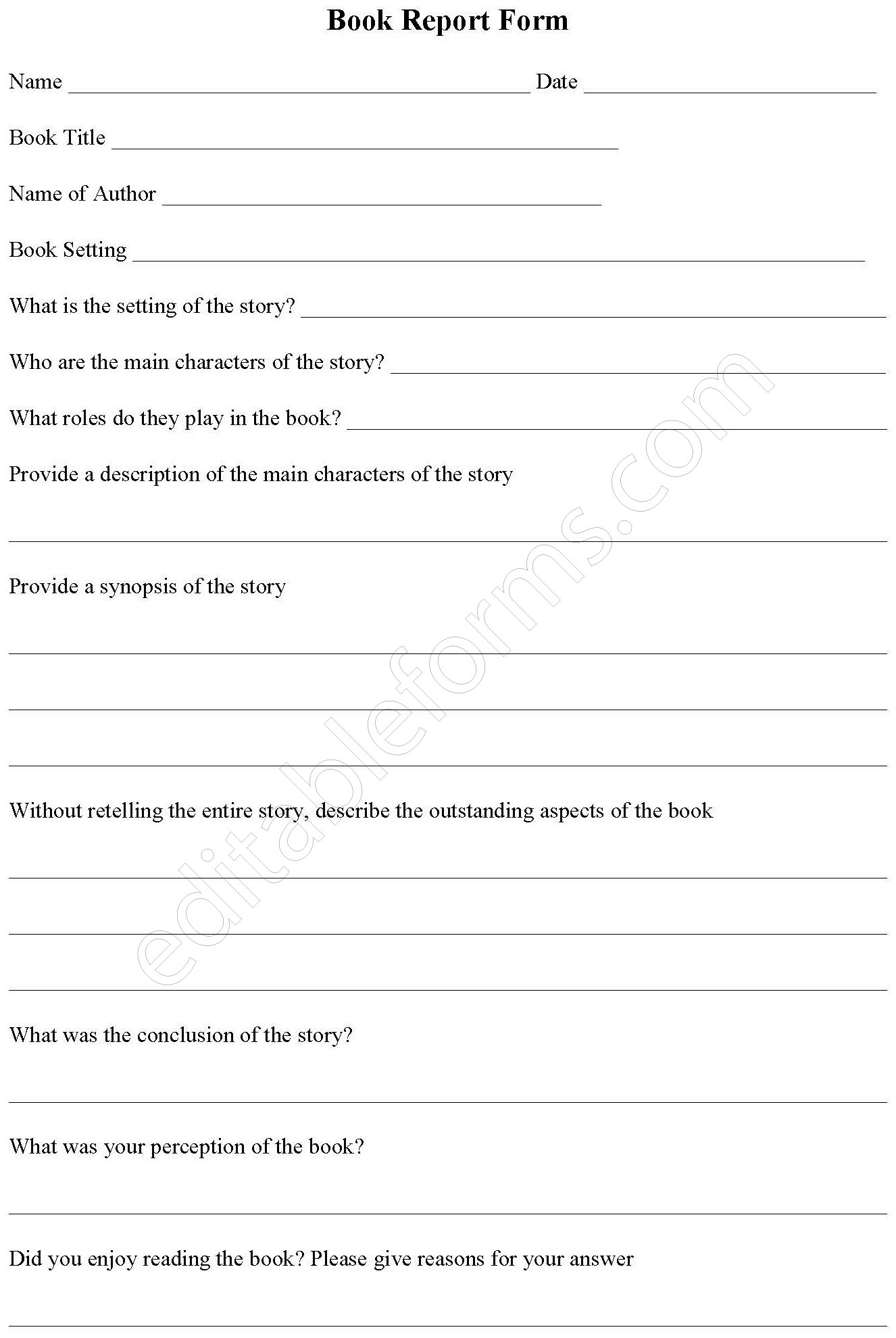 Printable Book Report Form