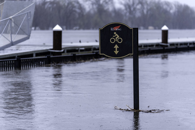 Bike lane sign surrounded by floodwaters from the Mississippi River at Levee Park in Red Wing, Minnesota