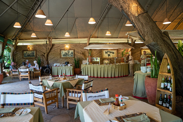 Amboseli, Kenya - March 5, 2023: Inside the buffet restaurant at the Kibo Safari Camp resort