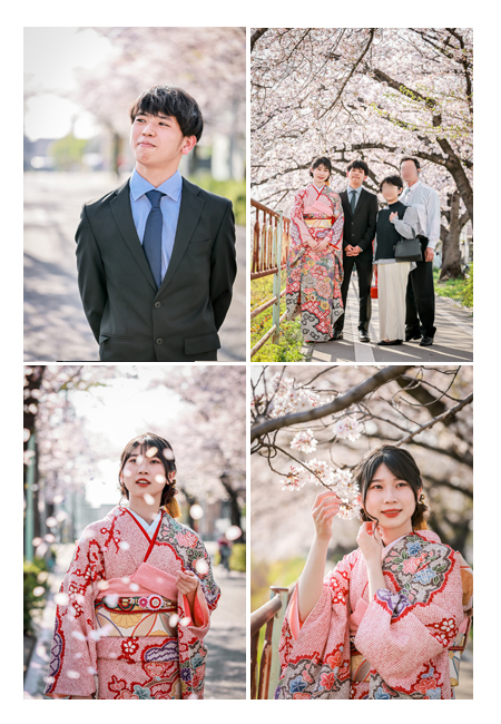 成人記念と大学入学記念の家族写真　桜の花をバックにロケーション撮影