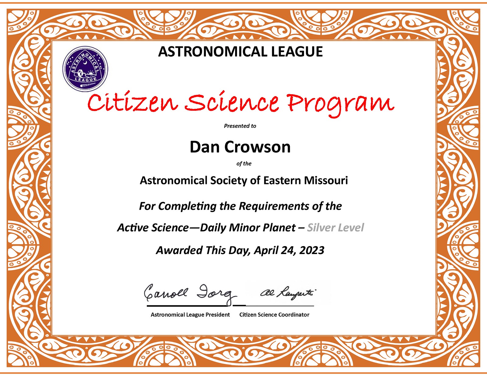 Dan Crowson - Astronomical League Citizen Science - Active_Silver_DailyMinorPlanet_Crowson