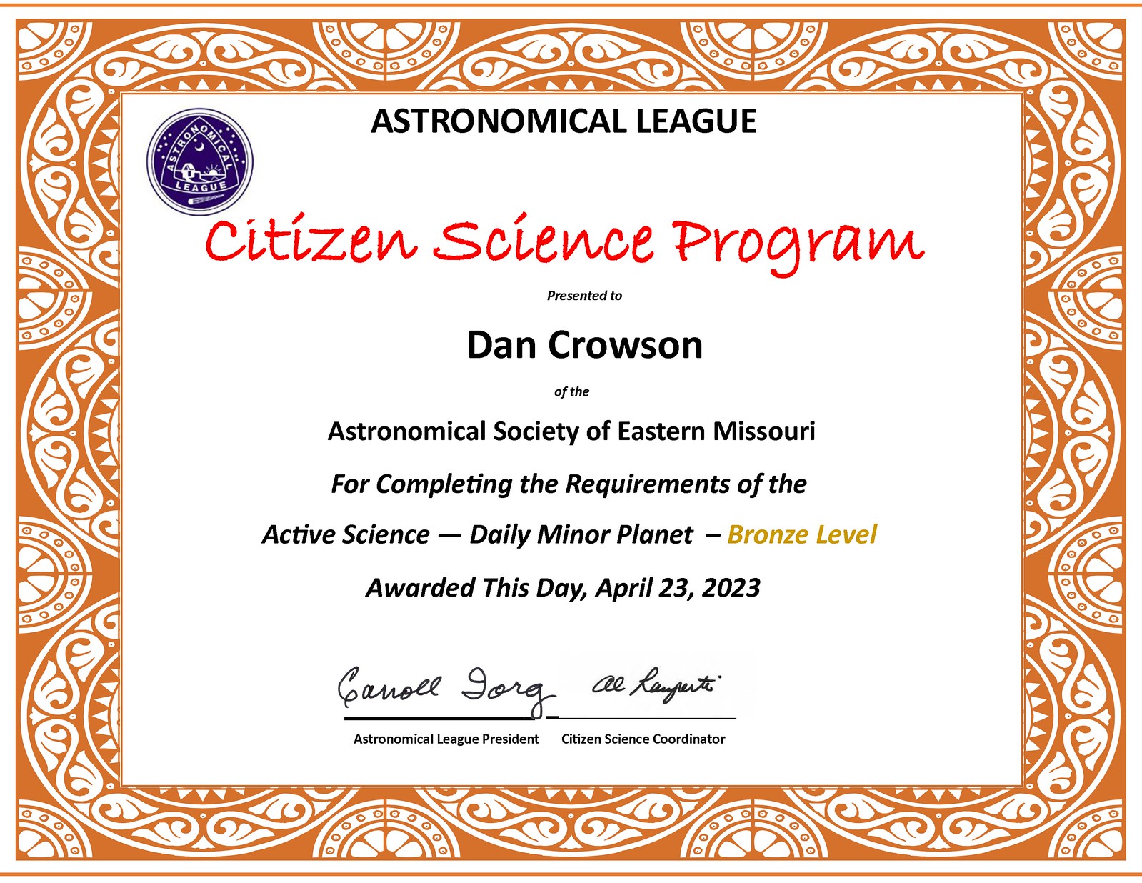 Dan Crowson - Astronomical League Citizen Science - Active_Bronze_DailyMinorPlanet_Crowson