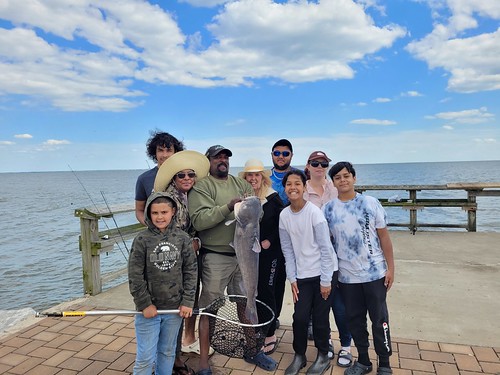 Photo of several people standing on a pier, one holding a huge catfish