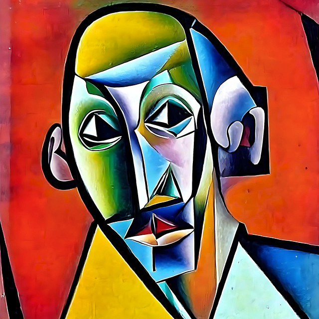 Cubist style portrait of a human face.