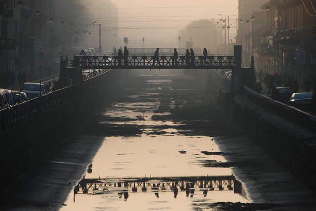 Footbridge over Milan's Naviglio Grande canal taken on a wintery afternoon