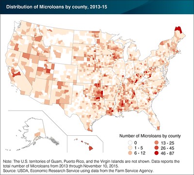 United States map showing areas by county where most and least FSA microloans are issued.