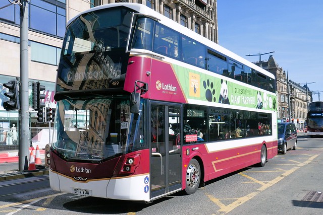 Lothian Volvo B5TL Wright Eclipse Gemini 3 SF17VOA 489 operating 26 to Clerwood at Princes Street on 3 April 2023.