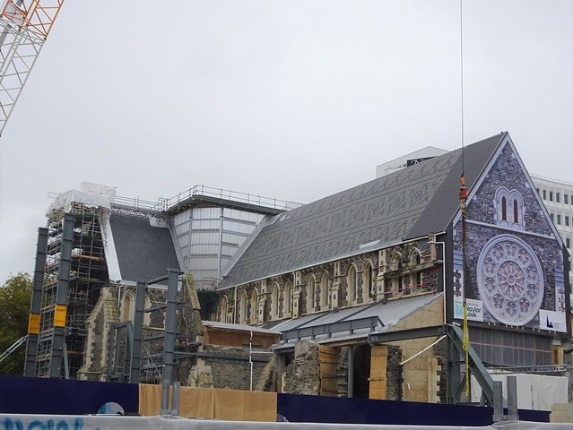 Christchurch. New Zealand. Anglican Cathedral destroyed in 2011 earthquake. Restoration work on collapsed tower beside nave. Work lasts until 2027. Impressive.   (2)