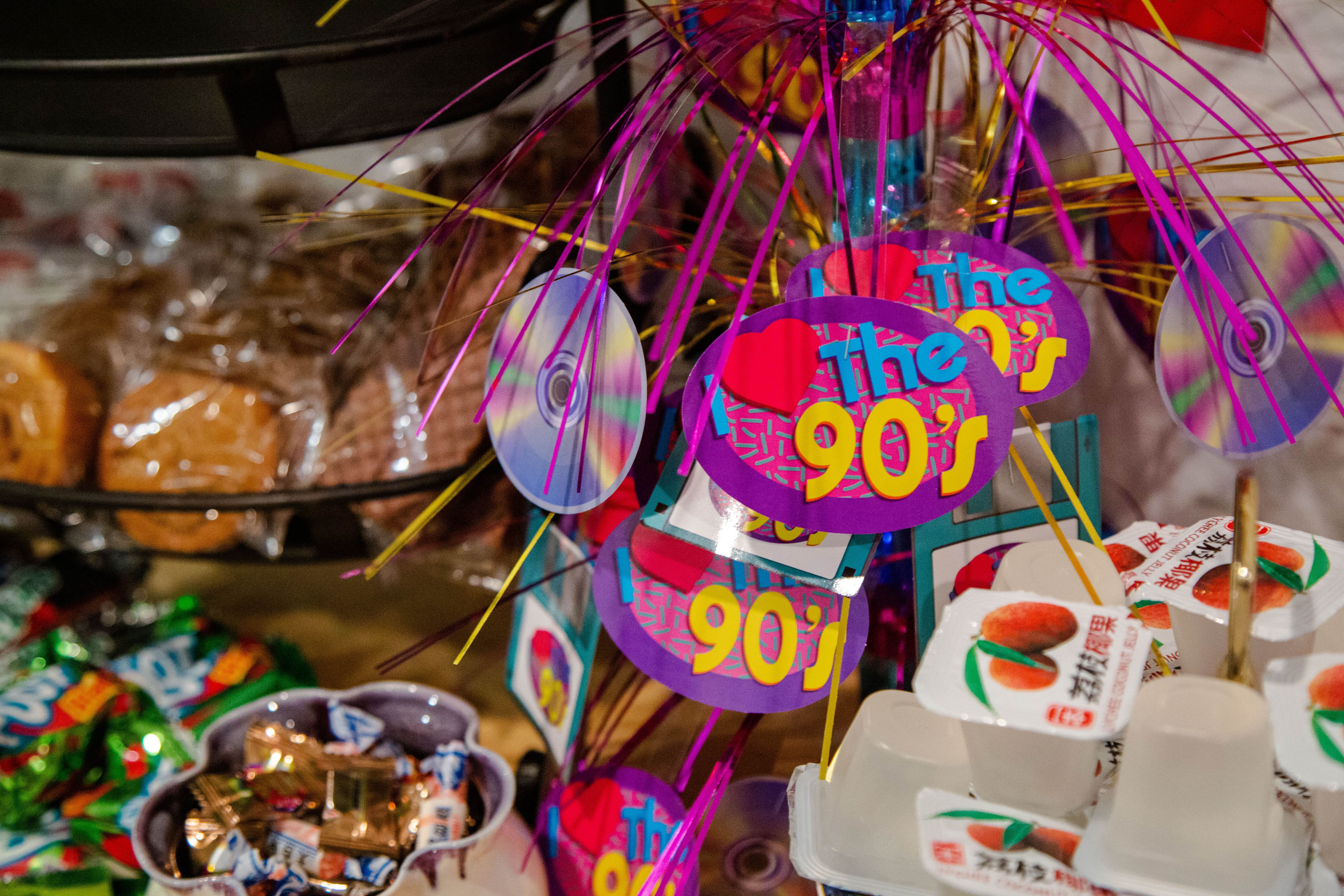 90s theme birthday party dessert snack table decorations