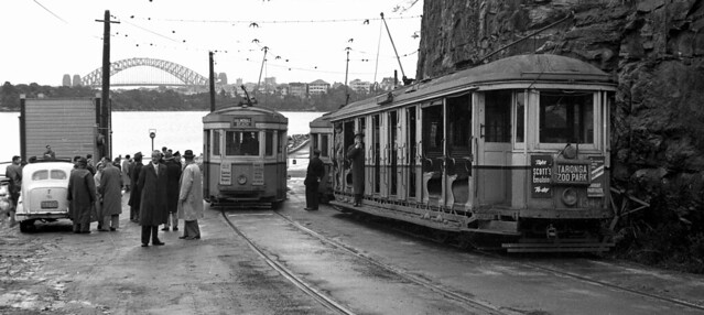 I.D.s 1347 & 002703 photographed by Leon Manny on 1958-06-28 of O class tram 1347 (tour last day) & R1 class trams 2084 & 2072 at the terminus, Athol Wharf Road, Athol Wharf, Mosman, Sydney, N.S.W., Australia.
