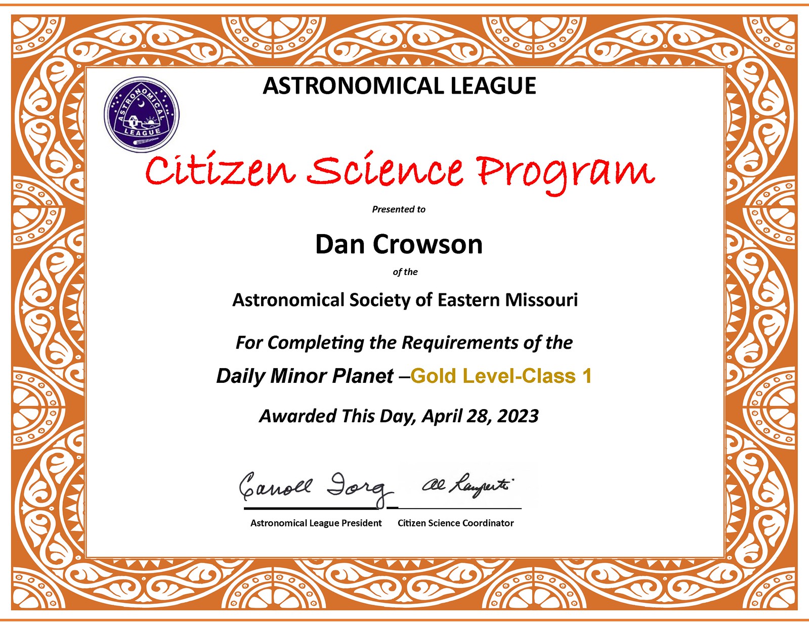 Dan Crowson - Astronomical League Citizen Science - Active_Gold_Class1_DailyMinorPlanet_Crowson