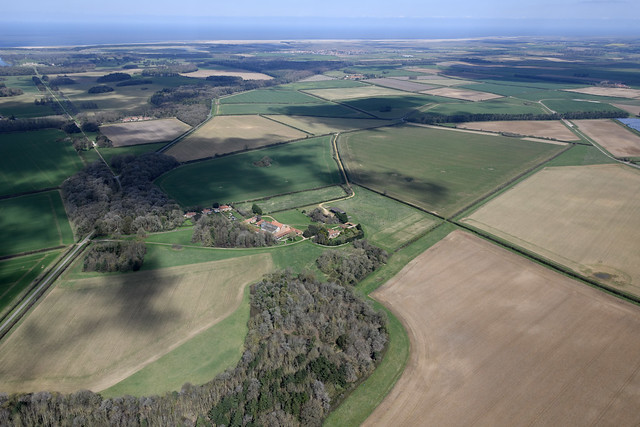 Aerial image: Quarles Farm, site of a Norfolk lost village & remains of church
