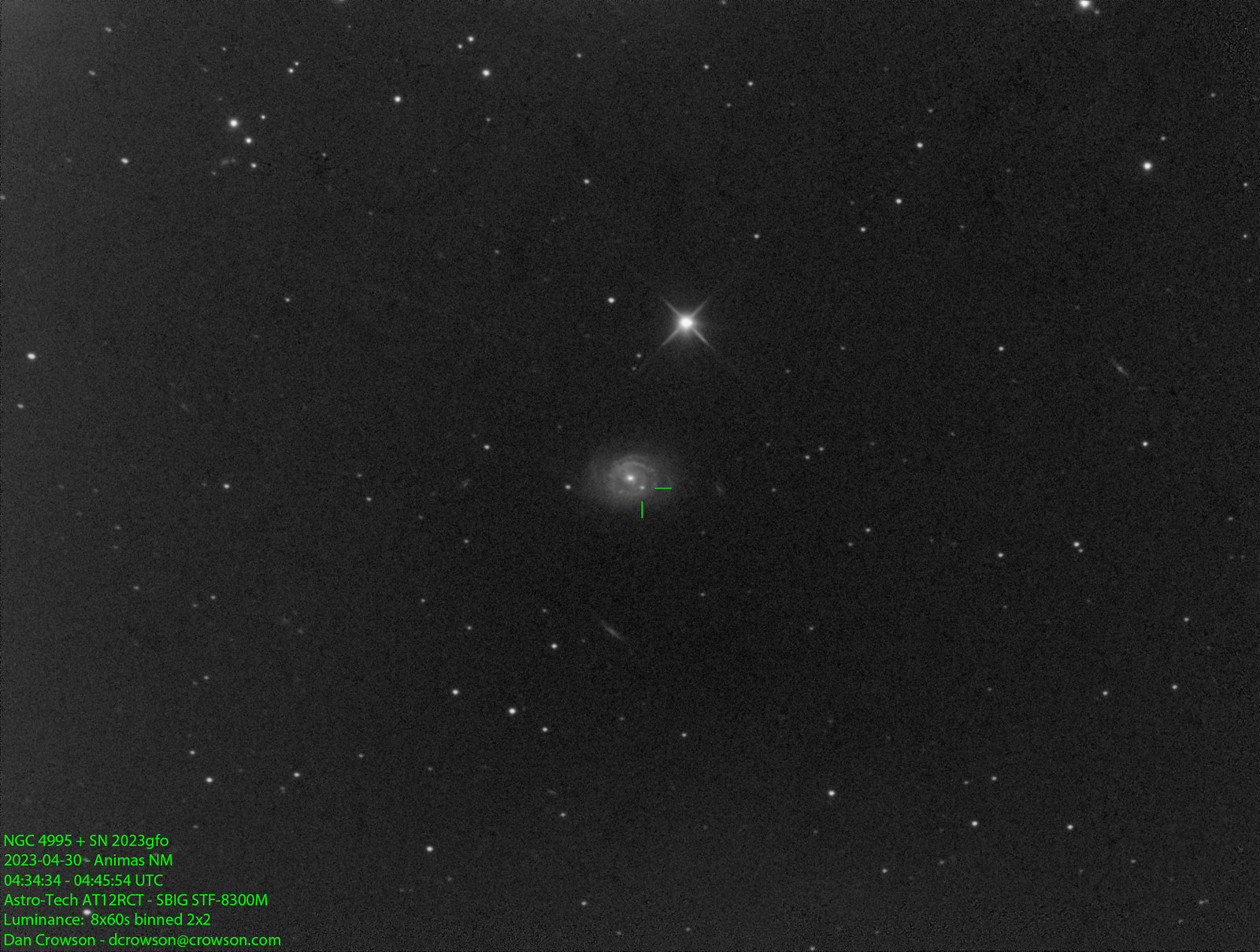 NGC 4995 + SN 2023gfo - 2x2 - 8x60s - Luminance